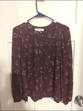 LOFT Burgundy Floral Button-Front Blouse